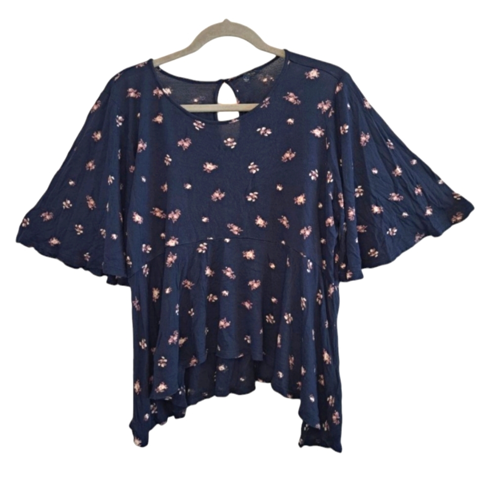 Lucky Brand Sharkbite Hem Butterfly Sleeve Floral Keyhole Peplum Size Large